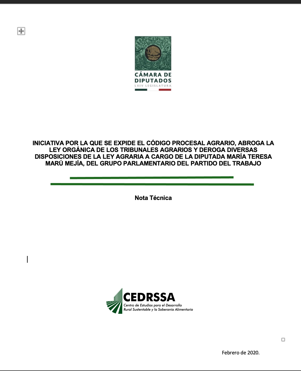 INICIATIVA POR LA QUE SE EXPIDE EL CÓDIGO PROCESAL AGRARIO, ABROGA LA LEY ORGÁNICA DE LOS TRIBUNALES AGRARIOS Y DEROGA DIVERSAS DISPOSICIONES DE LA LEY AGRARIA A CARGO DE LA DIPUTADA MARÍA TERESA MARÚ MEJÍA, DEL GRUPO PARLAMENTARIO DEL PARTIDO DEL TRABAJO 