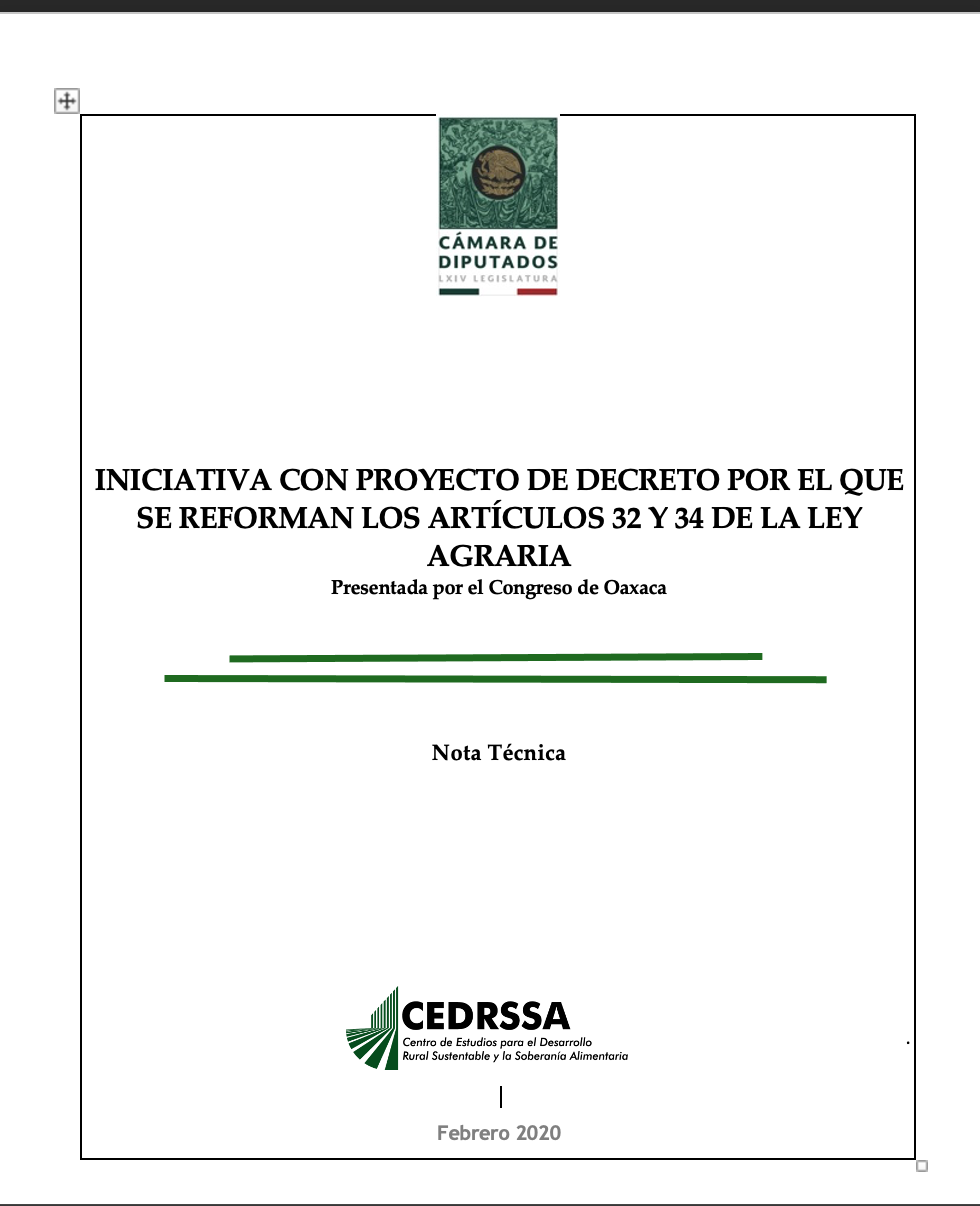 INICIATIVA CON PROYECTO DE DECRETO POR EL QUE SE REFORMAN LOS ARTÍCULOS 32 Y 34 DE LA LEY AGRARIA