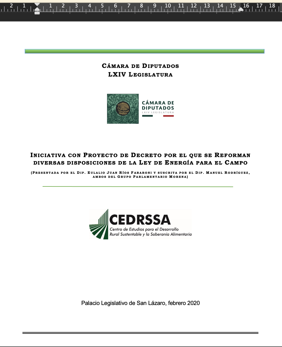 INICIATIVA CON PROYECTO DE DECRETO POR EL QUE SE REFORMAN DIVERSAS DISPOSICIONES DE LA LEY DE ENERGÍA PARA EL CAMPO